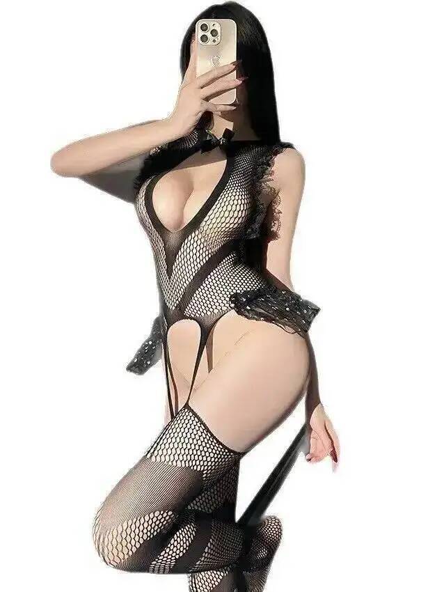 Bodystocking Fishnet - بودي ستوكينج شبكي مثير بحواف دانتيل،