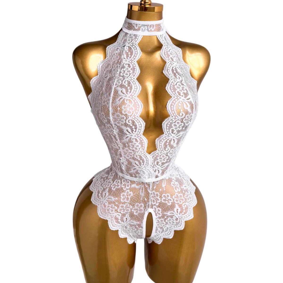 Lace Teddy Lingerie - ملابس داخلية نسائية بيضاء بتصميم هالتر