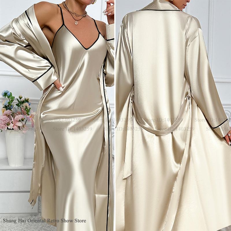 Robe Silk Women - طقم رداء Twinset طويل مثير قميص