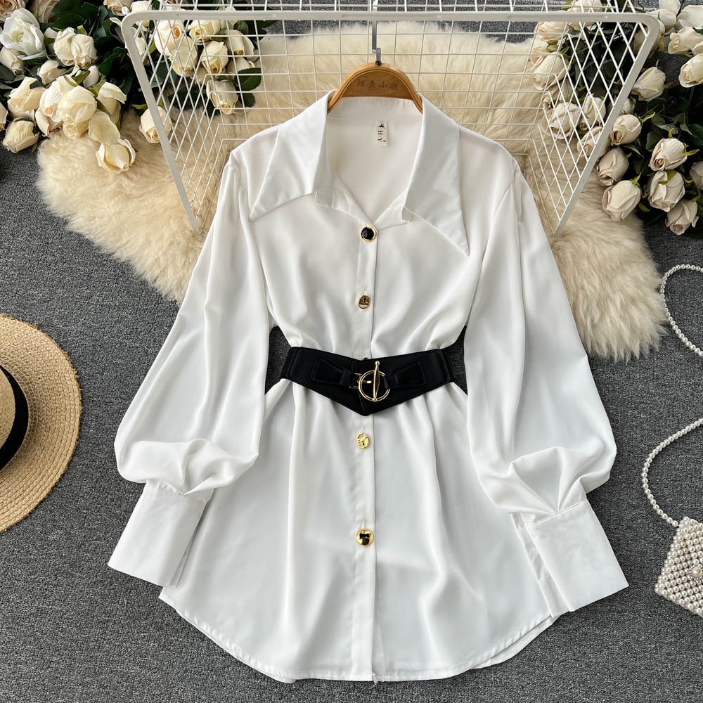 فستان قميص أبيض أنيق بأكمام طو - مراجعة Corset Waist Cinch وسعره