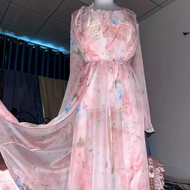 طقم ثوب نوم بحمالات شفاف مطبوع - مراجعة Robe Silk Women وسعره
