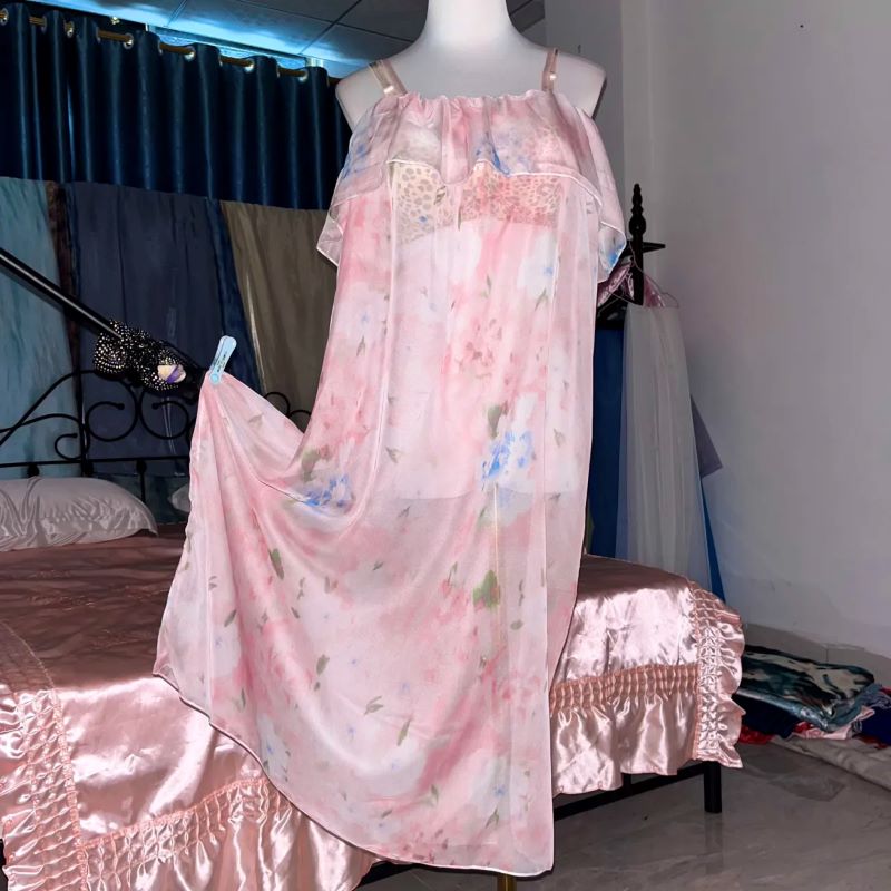طقم ثوب نوم بحمالات شفاف مطبوع - مراجعة Robe Silk Women وسعره